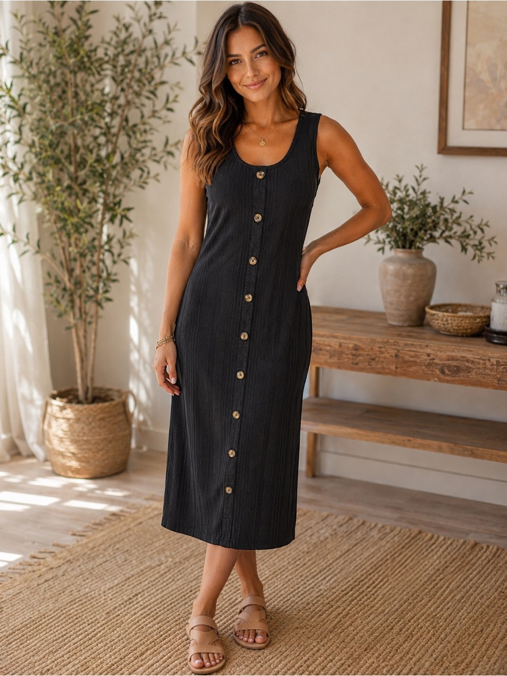 258) Magazine Black Ribbed Button Front Midi Dress | Sleeveless Stretch | EUC